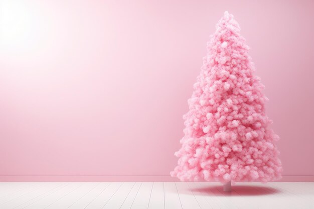 Foto Árvore de natal rosa fofinha no interior da sala de estar com parede rosa com espaço de cópia