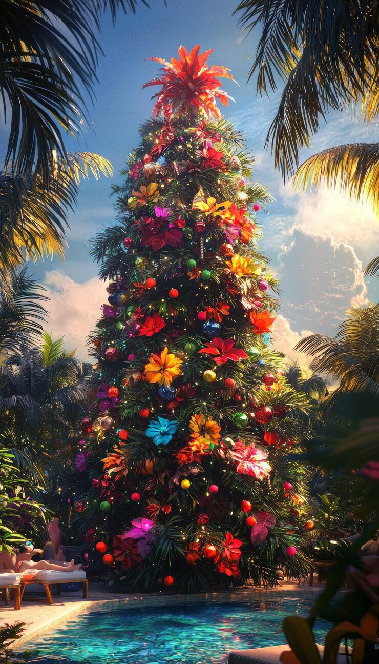 Foto árvore de natal tropical adornada com flores exóticas e folhas de palmeira perto de uma piscina ensolarada