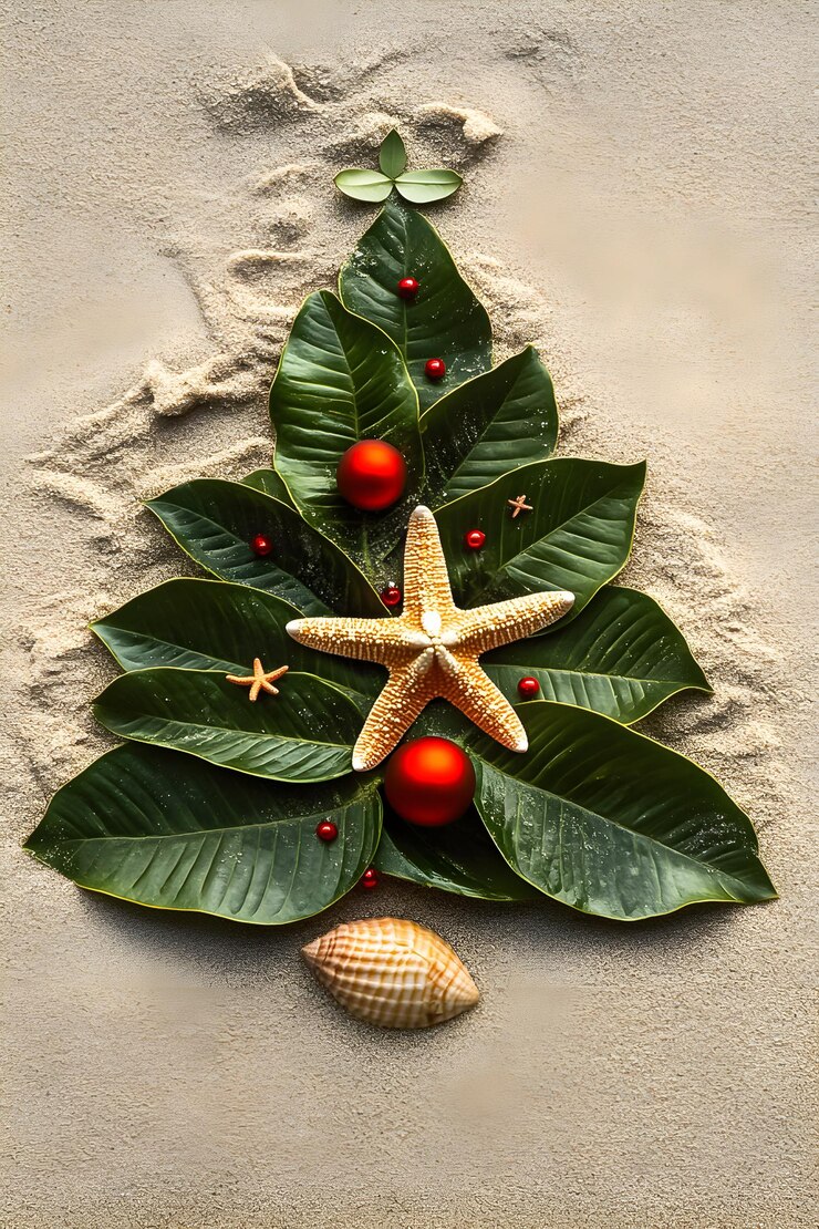 Foto árvore de natal única com tema de praia criada a partir de folhas e decorações costeiras na costa arenosa