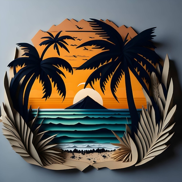 árvore de palmeira com pôr-do-sol praia fundo arte de papel arte de papel de verão