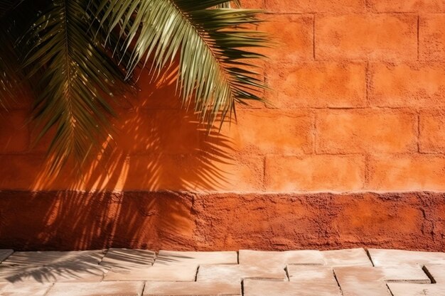 Foto Árvore de palmeira deixa sombras em uma parede de tijolos de terracota laranja fundo abstrato