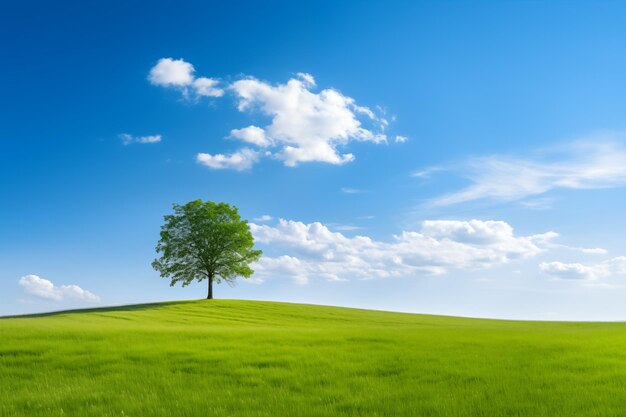 Foto Árvore de pé no campo verde com o céu azul ao fundo