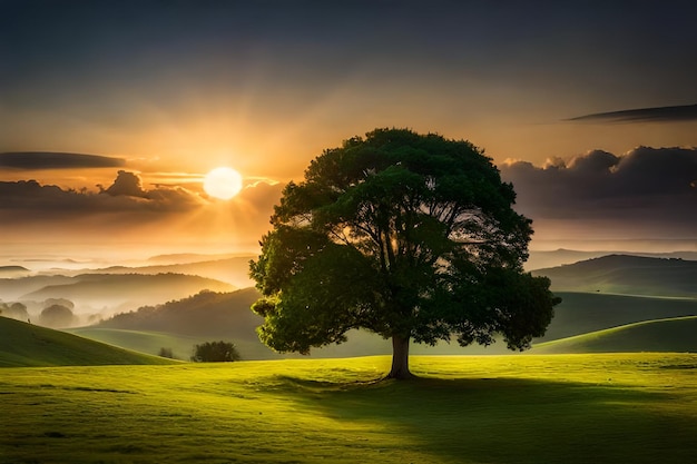 Foto Árvore de prado verde e beleza do pôr-do-sol gerada
