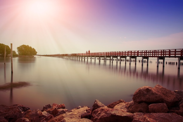 Árvore do céu luz solar longa ponte vermelha no mar da praia