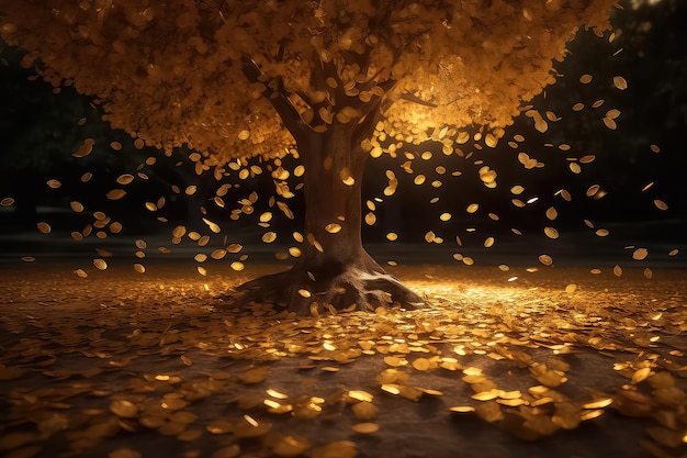 Foto Árvore dourada com dinheiro em vez de folhas ai