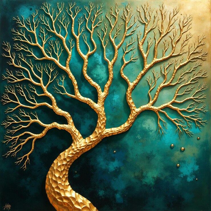 Árvore dourada da vida em 3D pintura abstrata