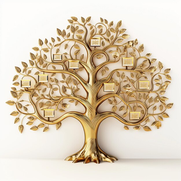 Foto Árvore dourada elegante com ramos intrincados e molduras decorativas sobre um fundo branco