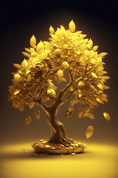 Foto Árvore dourada sentada em cima de uma mesa generativa ai