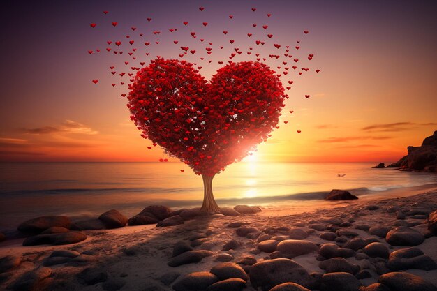 Foto Árvore em forma de coração e dramático pôr do sol céu conceito de caridade e amor