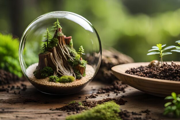 árvore em miniatura em jarro de aglass pequeno terrário