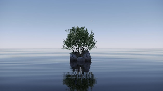 árvore em uma ilha no meio de um lago bela paisagem ilustração 3D cg render