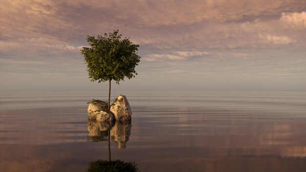 árvore em uma ilha no meio de um lago bela paisagem ilustração 3D cg render