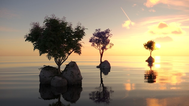 árvore em uma ilha no meio de um lago bela paisagem ilustração 3D cg render