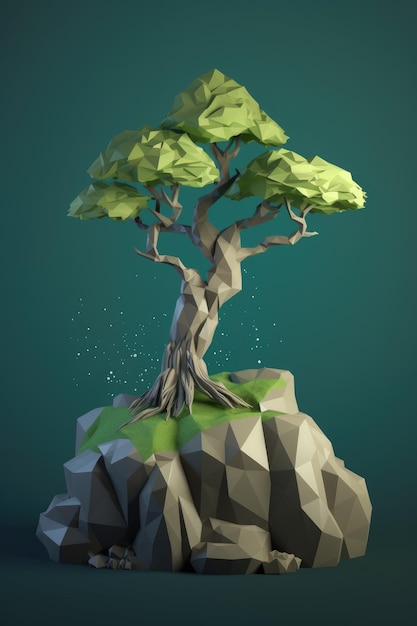Árvore em uma ilustração 3d lowpoly de rocha
