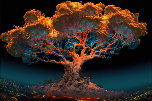 Árvore fértil iluminada com luzes de néon coloridas AI