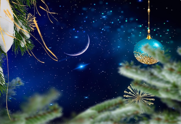 Árvore fesgreen e bola na noite azul estrelada com lua no céu e flocos de neve banner fundo t