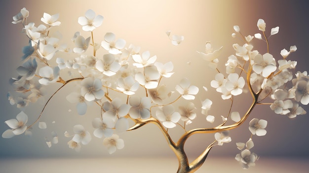 Árvore floral com folhas de flores brancas e haste dourada Generative AI