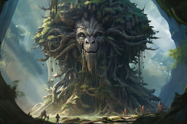 árvore imponente com um enorme tronco oco servindo de lar para inúmeras criaturas