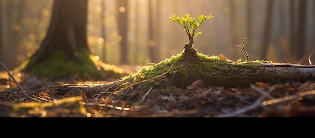 Foto Árvore jovem emergindo do tronco de árvore velha com sol