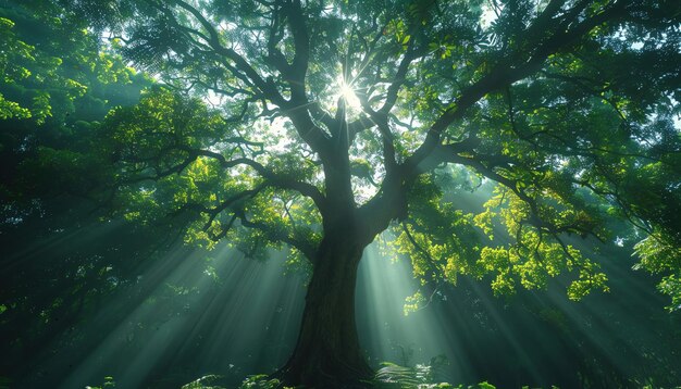 Foto Árvore majestosa com raios de sol através do dossel vista de baixo ângulo floresta verde exuberante iluminação etérea