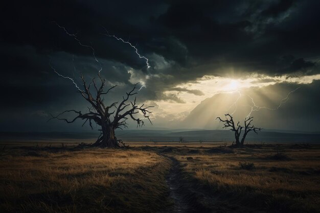 Foto Árvore majestosa sob o céu incubante