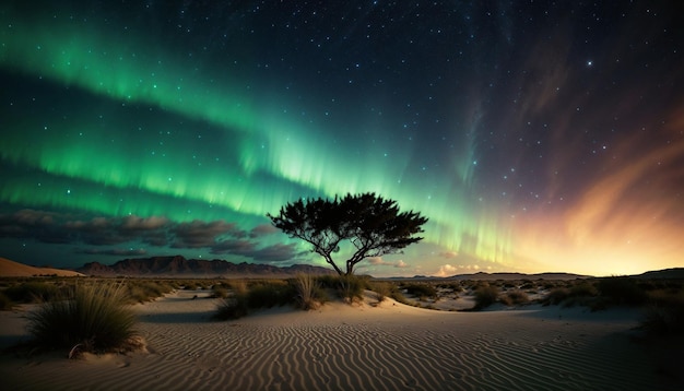 Foto Árvore no meio do deserto com a aurora ao fundo