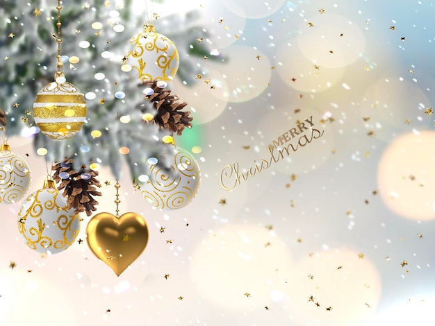 árvore verde e bola branca festiva nevada turva com confete estrela de ouro