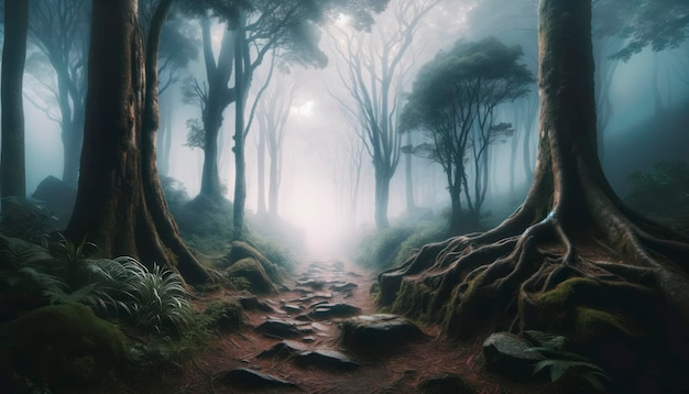 Foto Árvores antigas guardando o caminho nebuloso para a iluminação fundo misterioso da floresta ia generativa