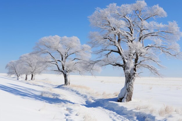 árvores cobertas de neve no meio de um campo coberto de neve