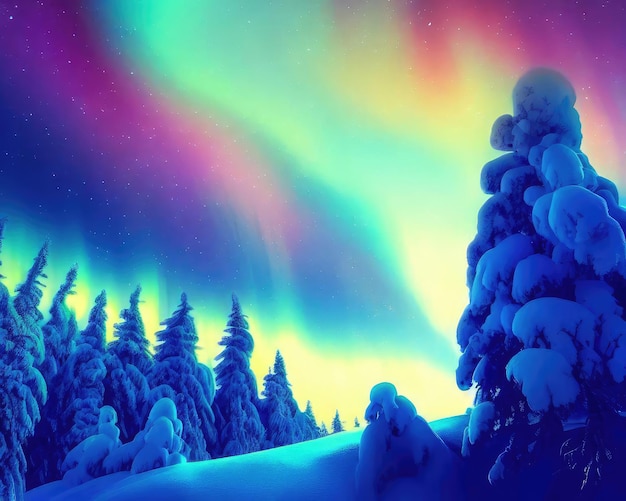 Foto Árvores cobertas de neve sob o lindo céu noturno com aurora boreal colorida