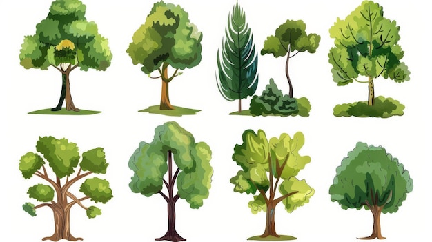Árvores de desenho animado isoladas em um fundo branco Estilo moderno simples Floresta de plantas verdes bonitas