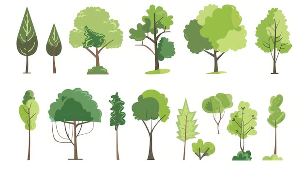 Árvores de desenho animado isoladas em um fundo branco Estilo moderno simples Floresta de plantas verdes bonitas