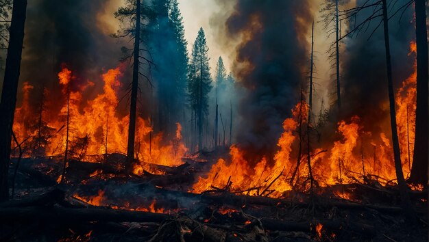 Foto Árvores de fogo florestal em chama de fumaça