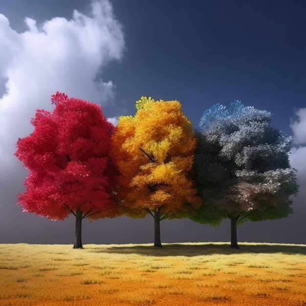 Árvores de folhagem amarela e azul rosa na grama amarela céu nublado dramático no pano de fundo ia generativa