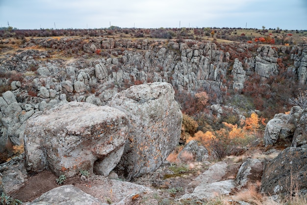 Árvores de outono e grandes blocos de pedra ao redor