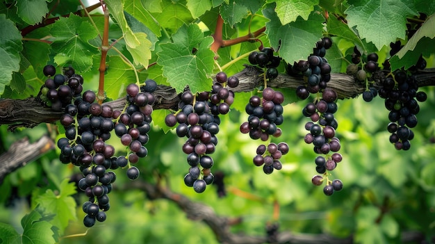 árvores de uvas pretas no jardim são uma excelente fonte de vitamina C Uvas pretas orgânicas verdes penduradas na árvore