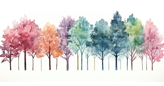Foto Árvores diferentes em aquarela com cores no estilo de castanho claro e esmeralda escura