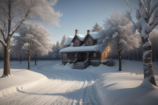 Árvores e estradas cobertas de neve no inverno frio Árvors e neve espessa no chão