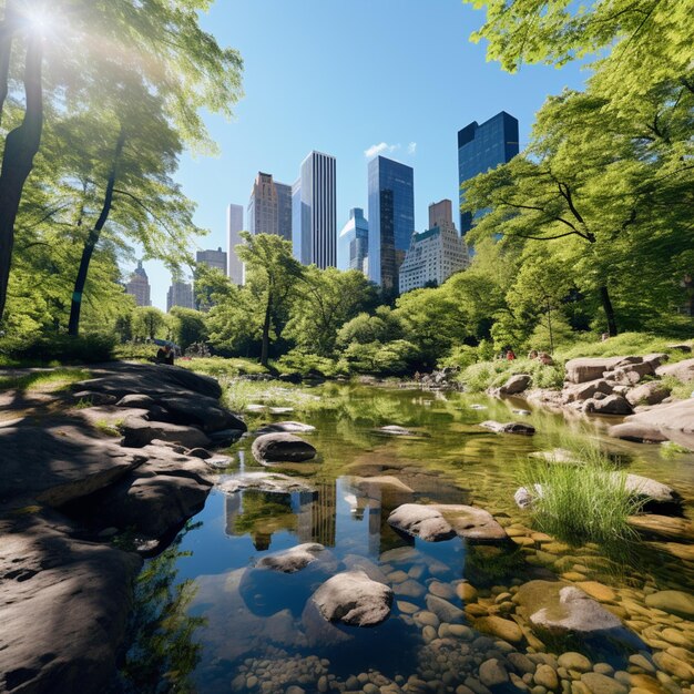 Foto Árvores e rochas num parque com um rio e uma cidade ao fundo