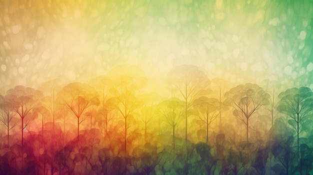 Árvores em uma floresta com um fundo colorido arco-íris generativo ai
