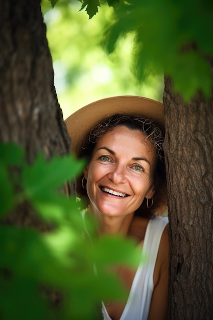 Árvores felizes e retrato de uma mulher na natureza para paz, relaxamento ou liberdade ao ar livre no verão