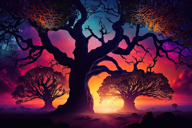 Árvores místicas com vibrante nascer do sol ao fundo