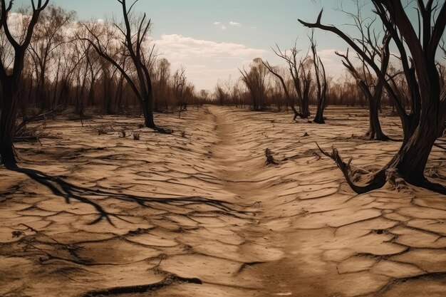 Foto Árvores mortas no solo seco e rachado ia generativa da seca