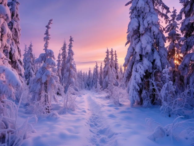 árvores nevadas na floresta perto de um belo céu roxo