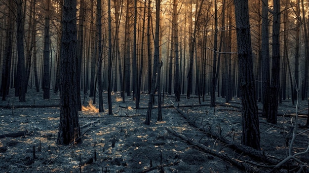 Foto Árvores pretas após um incêndio queimou a terra na floresta conceito de proteção da natureza