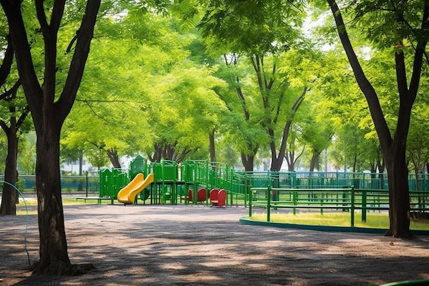 Foto Árvores verdes em torno de um carrossel infantil