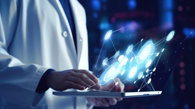 Arzt arbeitet mit futuristischem Medizintechnik-Laptop online, globale Gesundheit