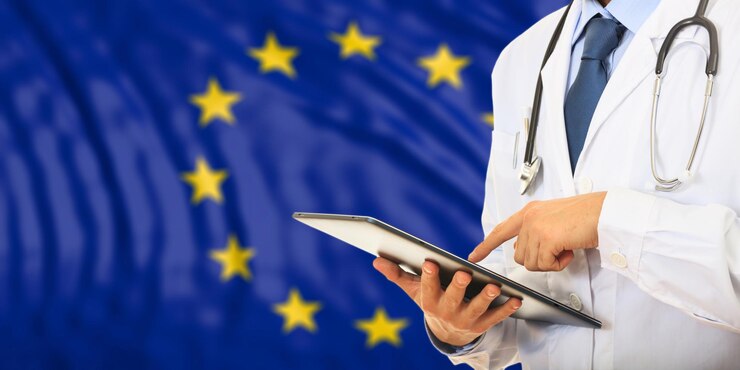 Arzt auf EU-Flaggenhintergrund 3D-Darstellung