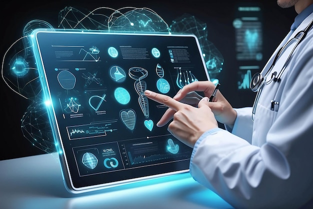 Arzt berührt elektronische Krankenakten auf Tabletten DNA Digitale Gesundheitsversorgung und Netzwerkverbindung auf Hologramm moderne virtuelle Bildschirmoberfläche medizinische Technologie und Netzwerkkonzept