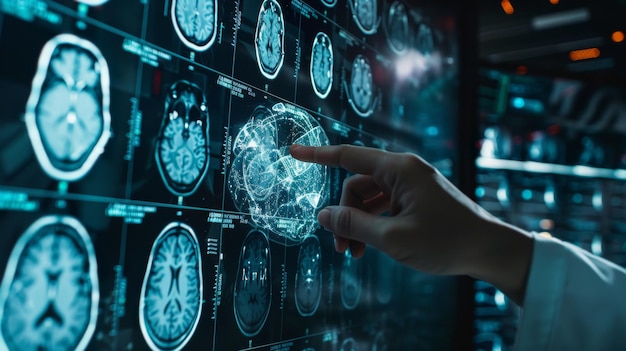 Arzt betrachtet ein Röntgenbild des menschlichen Gehirns vor verschwommenem Hintergrund